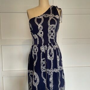 Navy Blue One-Shoulder Dress with White Rope Pattern